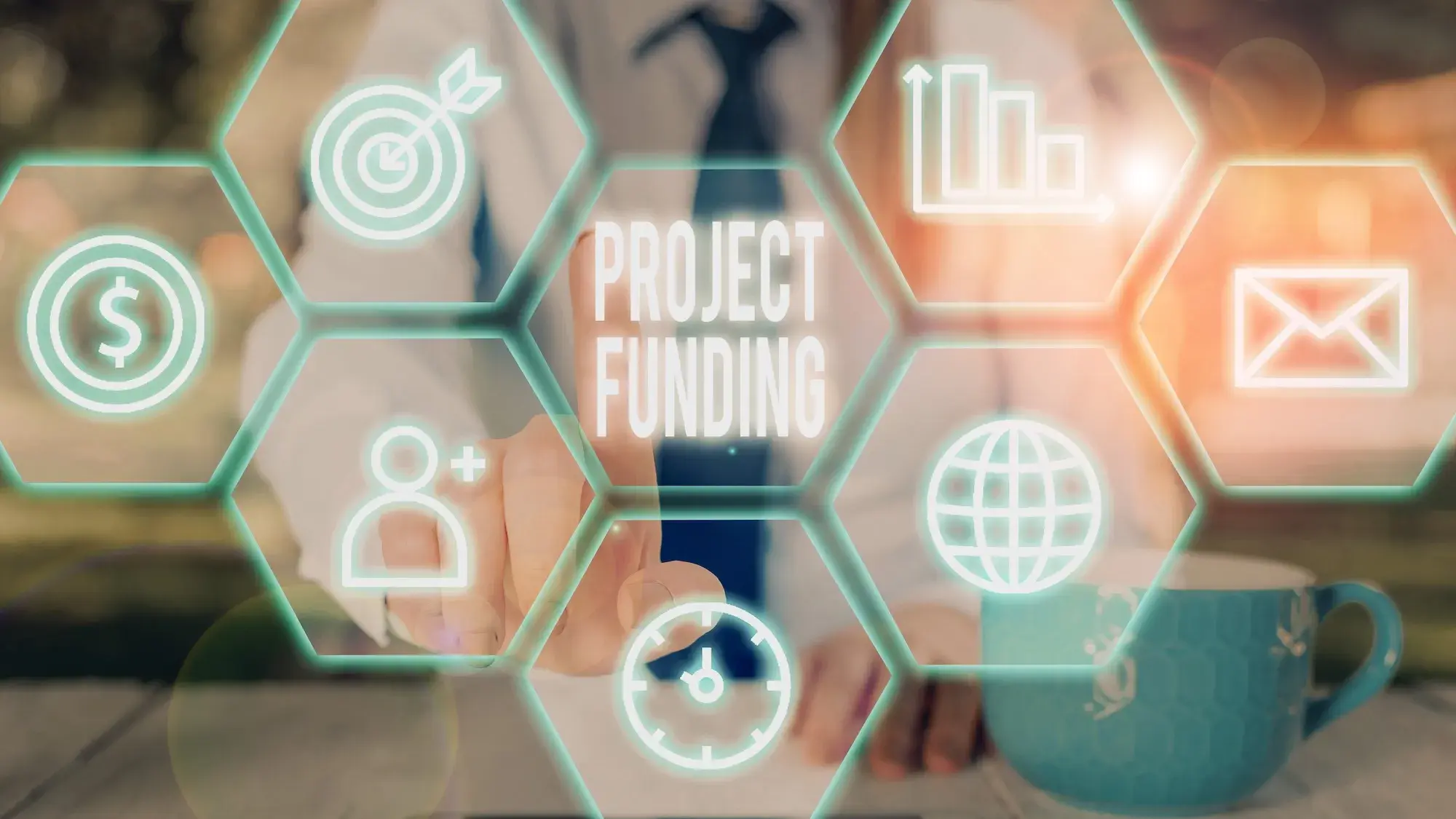 "Project Funding" surrounded by several octagons with various icons in them