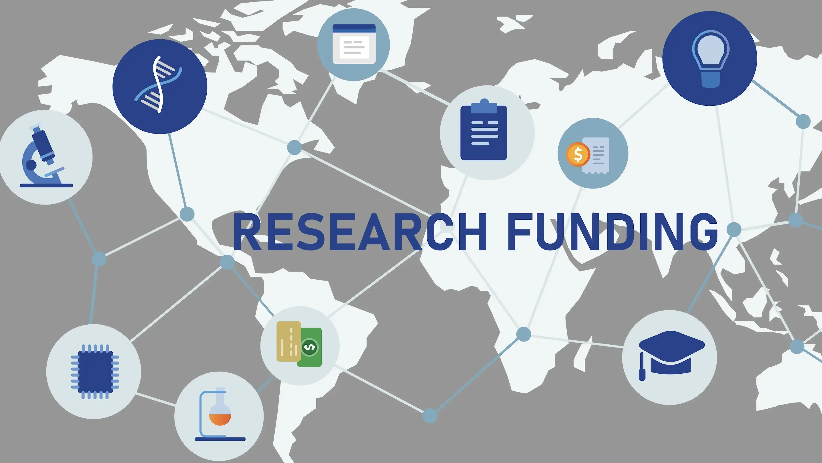 Research Funding words on a map with money icon