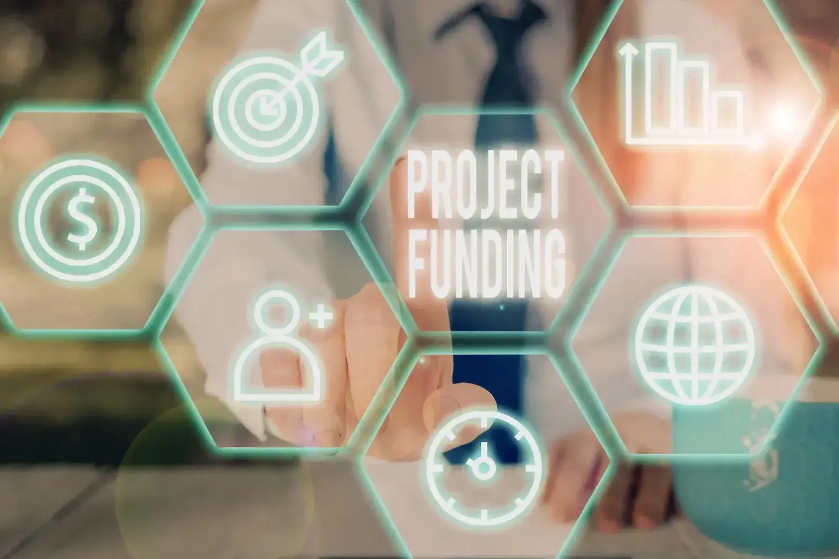 transparent hexagonal boxes with icons surround "Project Funding"